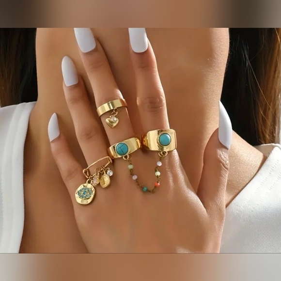 NEW! Gold and Turquoise Ring Set Of 4 NIP! - Picture 1 of 4